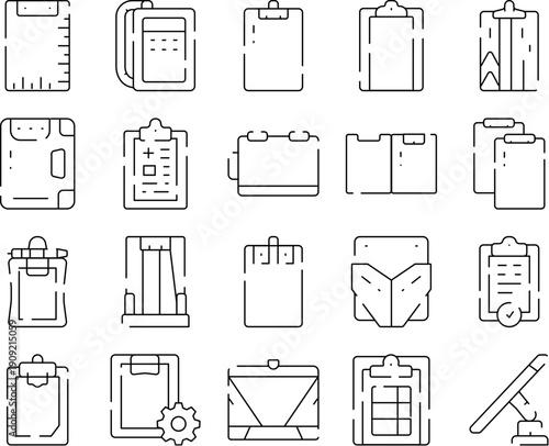 Assortment of linear clipboard and document icons for business and administration, illustrating digital file and checklist management, planning, surveys, forms, records and uiux interface concepts