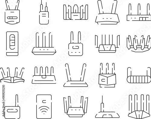 Wireless routers and modems line icon collection depicting various wi fi enabled network devices, illustrating concepts of connectivity, data transmission, and digital communication technology
