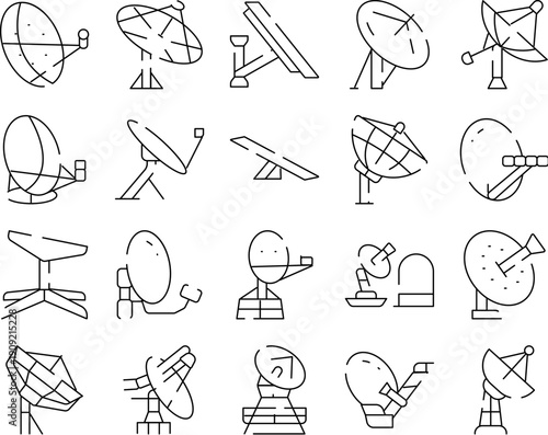 Satellite dish antenna line icons representing various forms of communication technology, receiving and transmitting signals for global connectivity and digital media