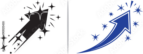 Two dynamic arrow icons, one solid black and one blue-outlined, soaring upward with sparkling trails and star bursts to represent growth, success, and magical progress.