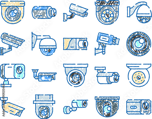 Security cameras icons collection showing different types of cctv systems for monitoring, protection, and observation in a hand drawn sketch style illustration for digital and web use