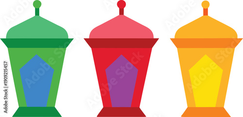 Three colorful lanterns with different colors isolated on transparent background, Vector, illustration