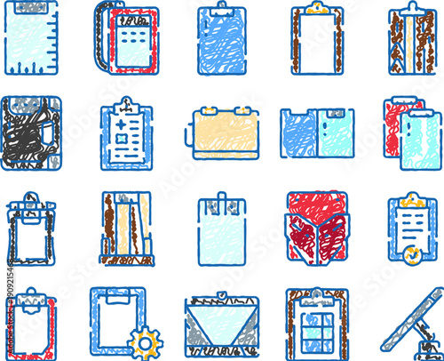 Clipboard and folder hand drawn icon set illustrating various concepts including document management, task organization, medical records, business work, and file storing