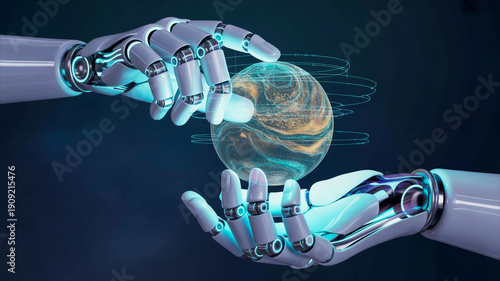 Two robotic hands holding and interacting with a glowing planet technology innovation futuristic