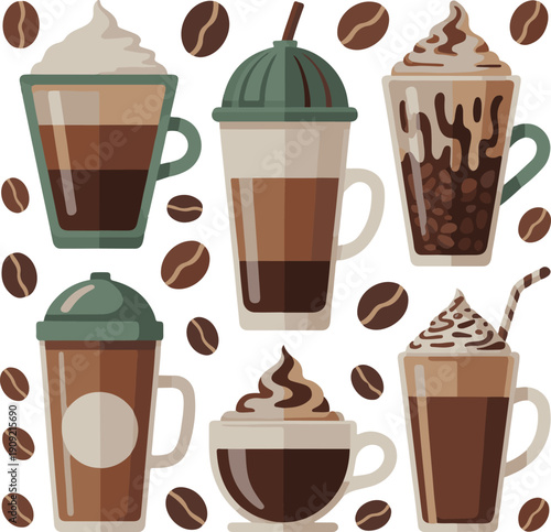 Illustrated variety of coffee shop drinks and beverages collection