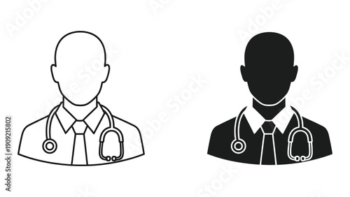Two doctors wearing stethoscopes and different colored uniforms isolated on white background, Vector