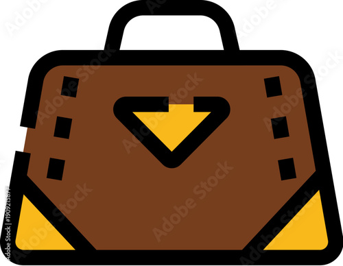 Brown travel bag icon featuring a sturdy handle, reinforced corners, and a downward pointing arrow, representing luggage handling, packing essentials, and vacation adventures in a digital interface