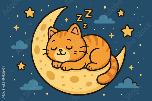 A cozy orange cat peacefully sleeping on a crescent moon under starry skies