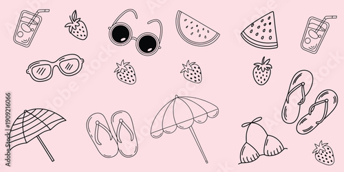 A delightful collection of hand-drawn summer essentials and vacation accessories, perfect for warm weather activities and beach holidays, illustrated with playful outlines