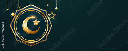 Golden crescent moon and star emblem on dark Islamic background