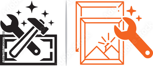 A technical vector illustration featuring tools like a wrench and hammer over digital frames and mountain landscapes, representing image editing, photo restoration, and creative design services.