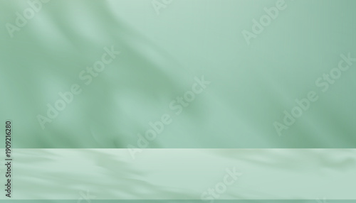Shadow Background,Color Mint green wall with white light texture overlay on empty studio wall.Minimal soft shadow light blurred leaves.Vector 3d backdrop blank floor display podium for Spring product 
