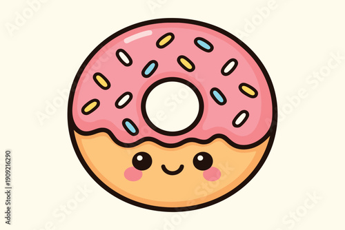 A cute cartoon doughnut with sprinkles and a smiling face on it