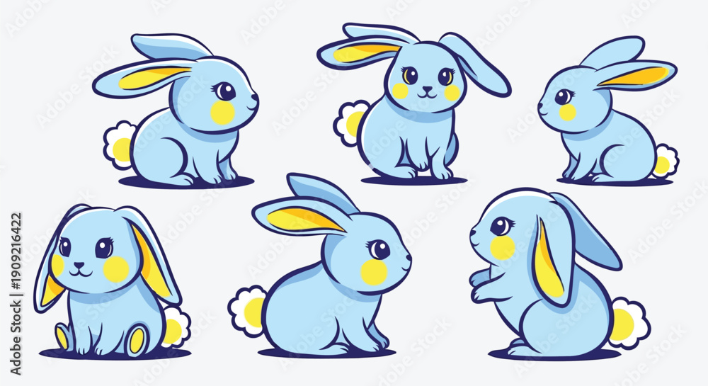 Obraz premium Cute blue bunny mascot vector character set in various playful poses