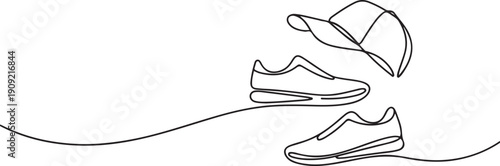 Shoes and cap floating in the air, one continuous line minimalist style vector.one line icon illustration with white background