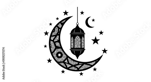 Decorative crescent moon with intricate patterns and hanging lantern surrounded by stars and crescent moon shapes.