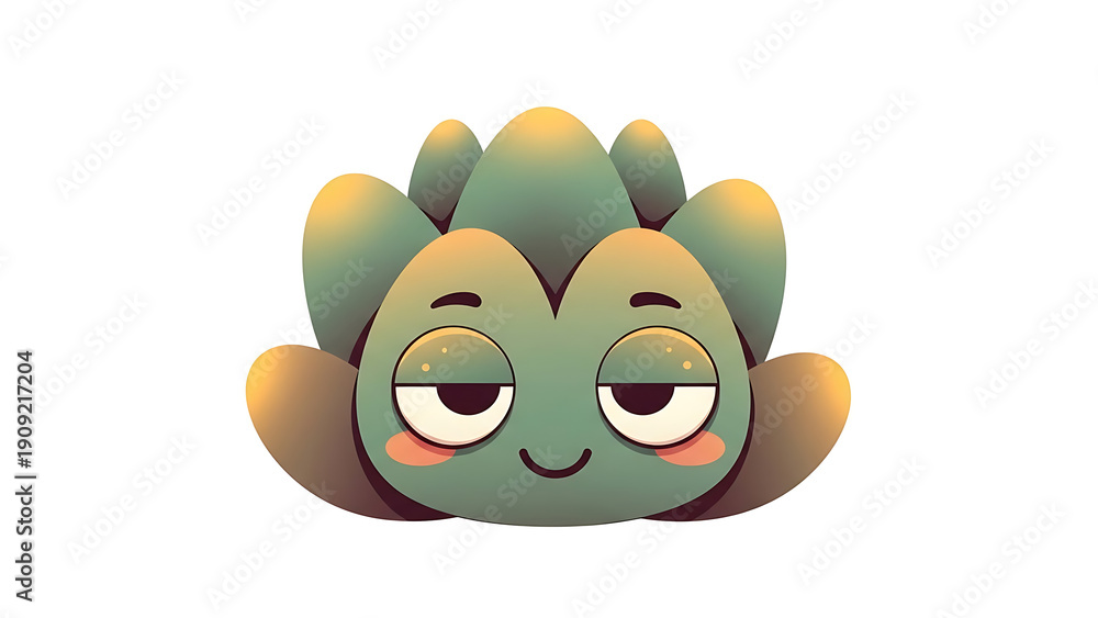 Fototapeta premium Green plant mascot face with big eyes and rosy cheeks isolated on a transparent background