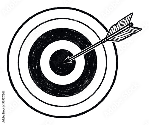 A hand drawn arrow hitting the bullseye of a target board symbolizing perfect aim goal achievement and strategic success ideal for business presentations and motivational content.