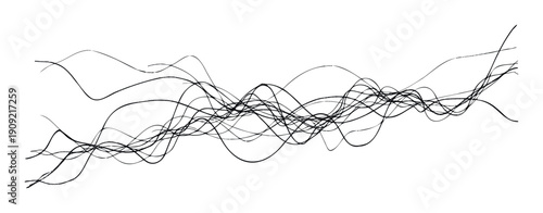 Abstract arrangement of undulating black lines creating a distressed texture ideal for use in technology themes, modern branding, or sophisticated visual content production.