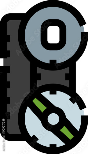 Automotive timing belt linking two gears, flat icon representing engine maintenance, repair and mechanical reliability for car service, workshop, and automotive engineering concepts