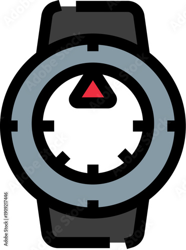 Compass watch icon with a red arrow indicating north, representing navigation, orientation, and travel for outdoor activities and modern technology applications
