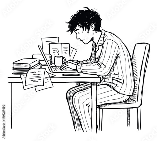 Young Asian man in pajamas diligently works on his laptop at a cluttered desk with books and coffee, ideal for themes of remote work, studying, or focused concentration.