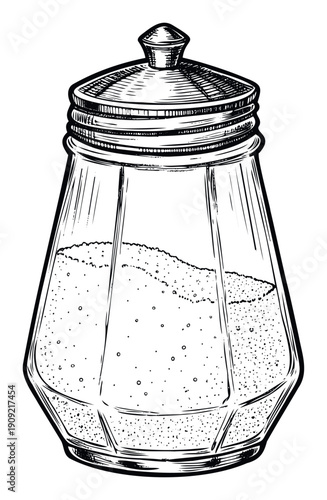 Classic kitchen condiment container for sugar or salt in a glass dispenser bottle style, ideal for cooking, restaurant, and grocery related applications