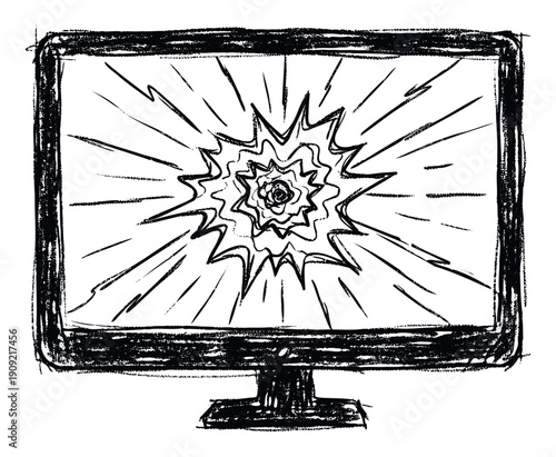 Rough sketch of a computer monitor showing a powerful explosion effect with jagged shapes and movement lines excellent for tech, news, or dynamic visual projects.