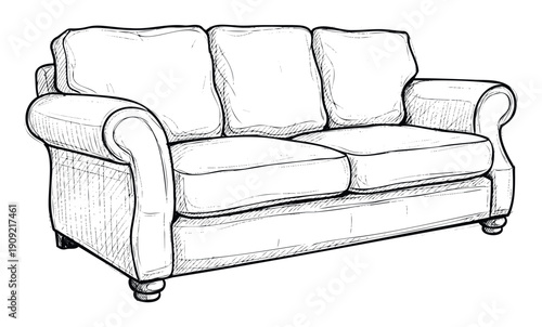 A detailed hand drawn sketch of a classic three seater sofa suitable for interior design projects home decor concepts and furniture catalog representations