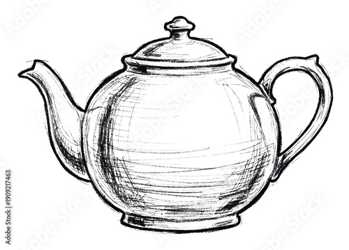 Elegant black and white drawing of a ceramic tea kettle providing a nostalgic aesthetic for food packaging or home decor projects