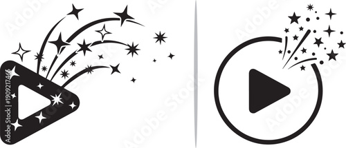 Two black vector icons featuring play buttons with magical trails and sparkling stars, representing dynamic video playback, multimedia creativity, and entertainment.