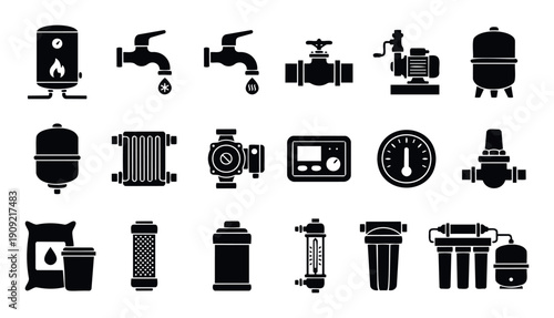 Comprehensive collection of essential plumbing and heating system icons for home and industrial applications, perfect for technical manuals, websites, and service presentations.