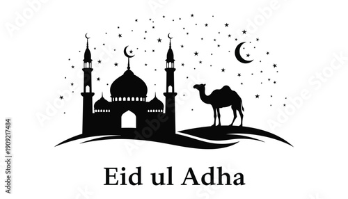 Eid ulu Adah greeting with mosque and camel silhouette