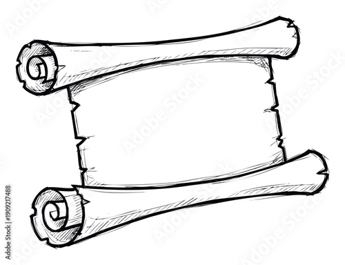 Expressive hand drawn paper scroll with textured edges and scrolled ends offering an antique frame for certificates, important announcements, or decorative border elements.