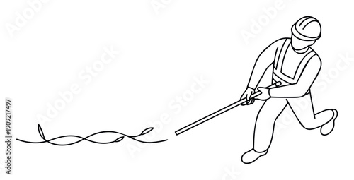 Professional technician or construction worker in protective gear actively manipulating a serpentine line with a lengthy rod, conveying concepts of labor, repair, and infrastructure work in