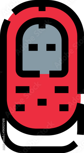 Red retro mobile phone, featuring a gray screen and black buttons, representing vintage communication and classic electronic technology from the nineties era