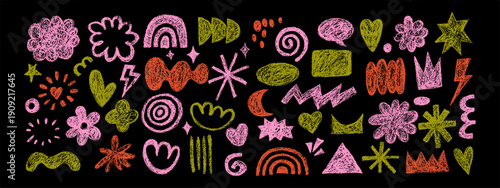 Abstract crayon doodle grunge scribble set. Modern childish hand drawn elements on chalkboard. Vector isolated illustration.