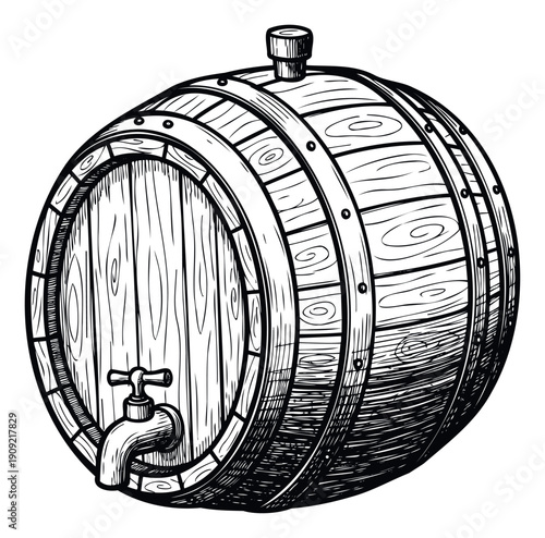 Black and white hand drawn wooden barrel featuring a spigot and a bung for storing various alcoholic beverages such as wine, beer, or whiskey, perfect for distillery branding or traditional