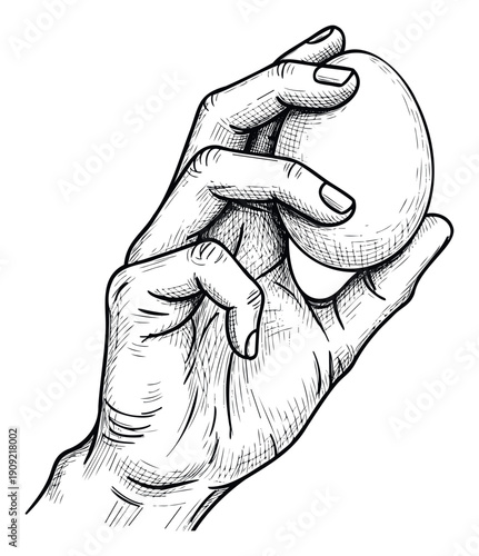 Detailed sketch of a human hand delicately holding a fresh chicken egg, perfect for culinary content, farmtotable narratives, and kitchenthemed graphic materials