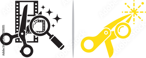 A creative vector graphic featuring black and yellow film editing icons, including scissors, a magnifying glass, and film strips, symbolizing video production and precision cutting.
