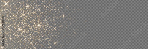 Gold glitter light frame. Golden neon particle bg. Glow shine bokeh. Magic star dust. Christmas Holiday confetti. Fairy bulb background. Winter Celebration banner. Luxury party. Vector illustration.