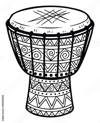 Traditional African djembe drum with intricate tribal patterns, perfect for cultural event posters, music studio branding, educational resources, or world music album covers.