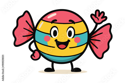 A cheerful cartoon candy character with colorful ribbons waving happily