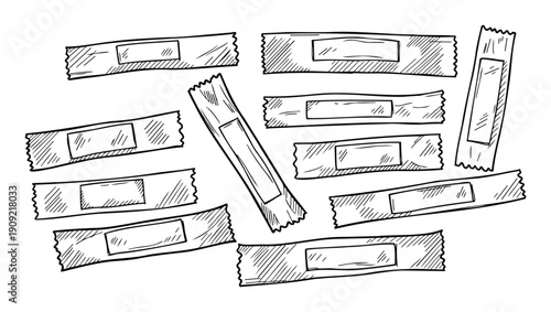 Hand drawn sketch of various sugar or sweetener packets scattered around, perfect for food service menus, restaurant graphics, and packaging concepts.