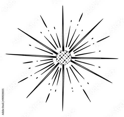 Dynamic hand drawn starburst graphic with radiating lines and speckled texture emanating from the center, perfect for adding energy to promotional materials or as a striking visual accent.
