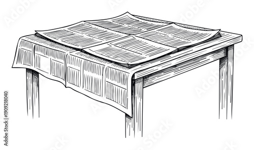 Handdrawn vintage newspaper spread across a classic wooden table, perfect for illustrating news media, journalism themes, or historical content in various printed or digital applications.