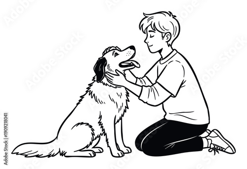 A happy young person kneels down to lovingly pet their large loyal dog, showcasing companionship and joy, suitable for pet care articles or childrens books
