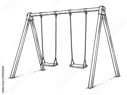 A timeless playground swing set with two swings hanging by chains, rendered in a crisp black and white line drawing for various childrens educational and leisure projects.