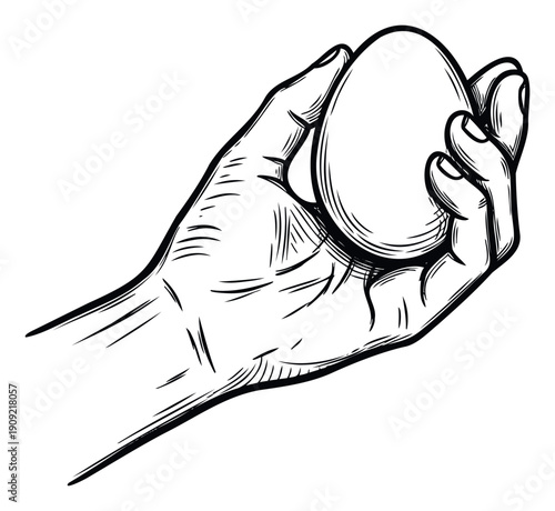A strong hand gently cradling a delicate egg, depicted in a classic monochrome sketch style, ideal for food industry branding, culinary workshop promotions, or agricultural farming