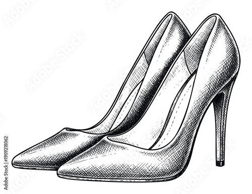 Elegant womens high heel pump shoes in a classic black and white sketch style, perfect for apparel advertisements or chic event invitations.